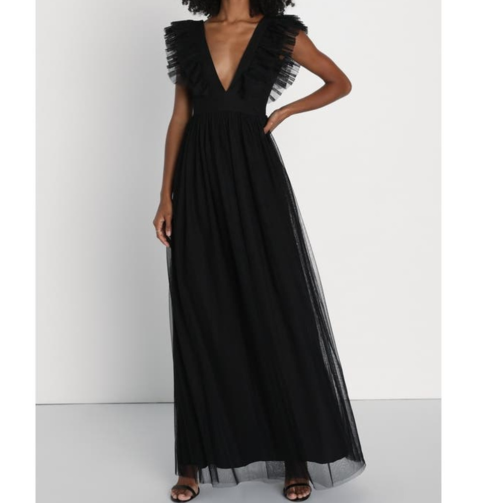 LULU'S sz S Black Simply Delighted Ruffled V-Neck Sleeveless Maxi Dress NEW 0B4